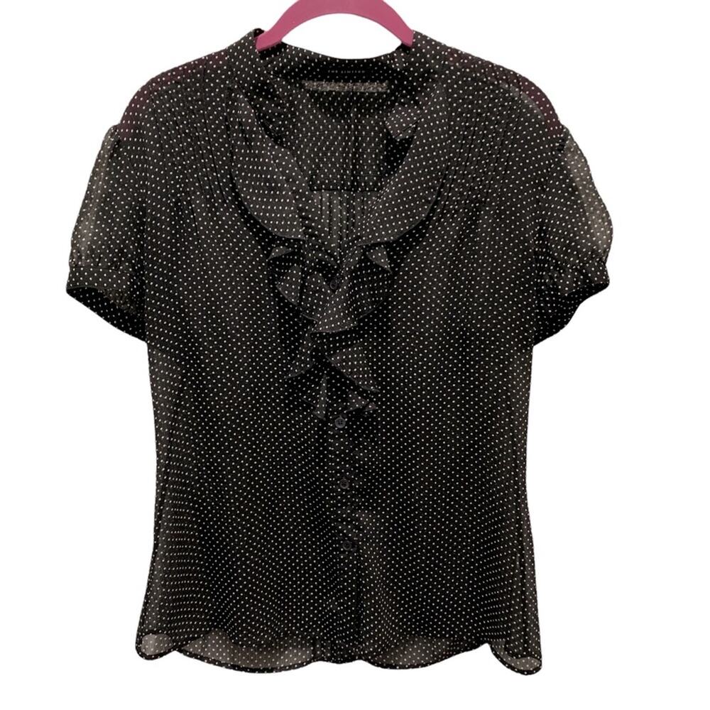 THE limited blouse sheer black Swiss dot top‎ short sleeve ruffle neck. Size M - Picture 2 of 7